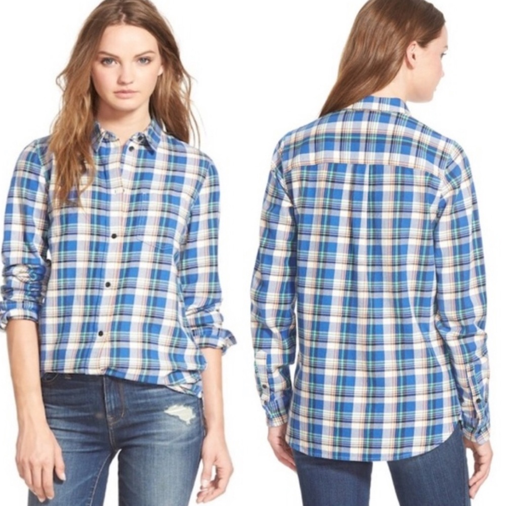 Madewell Tulsa Plaid E0035 Slim Boyshirt Flannel Blue White Green Plaid Women S